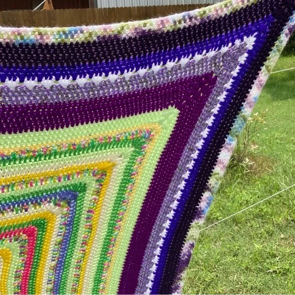Small Handmade Crocheted Throw Blanket 54” x 52” Purple Green Yellow Pink - Picture 4 of 16